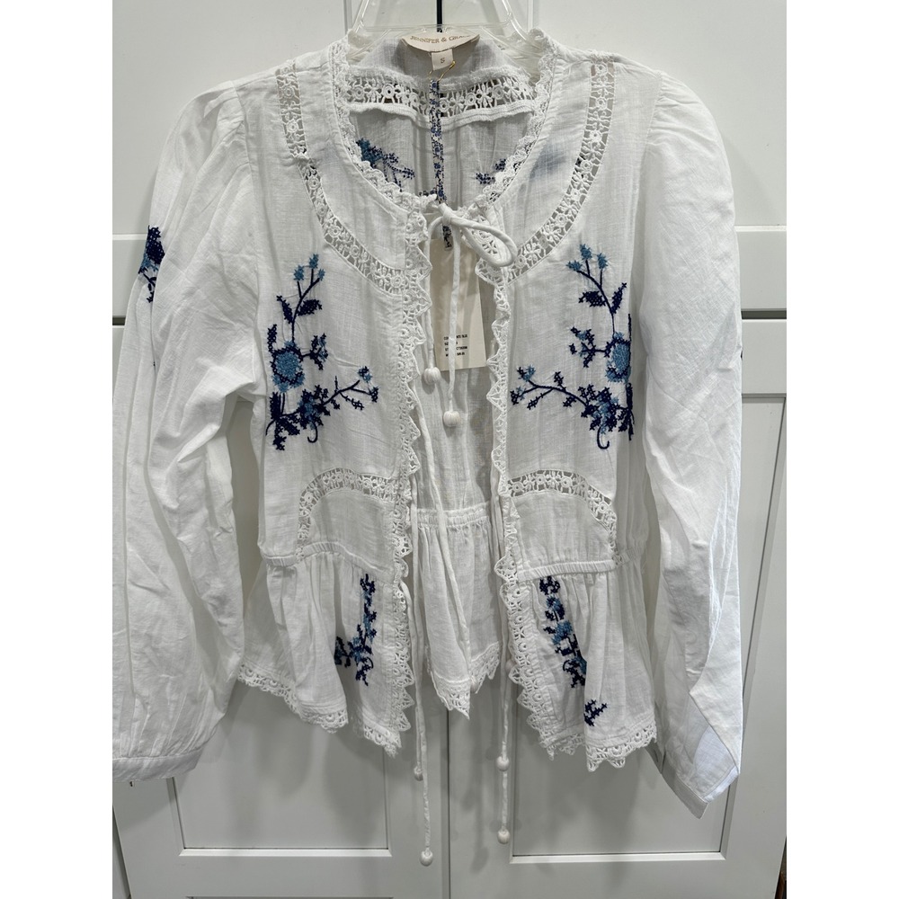 Jennifer & Grace White Embroidered Cotton Lace Tie Front Peplum Blouse Small NEW